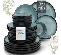 Service de Vaisselle en Grès Ibiza 24 pièces: Service de Table pour 6 Personnes, Adapté au Lave-Vaisselle et au Micro-Ondes, Pure Living bleu pétrole foncé, Assiettes Service de Table