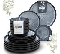 Service de Vaisselle en Grès Ibiza 36 pièces -Ensemble de Vaisselle pour 12 Personnes, Adapté au Lave-Vaisselle et au Micro-Ondes, Pure Living bleu fumé, Assiettes Service de Table