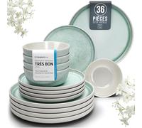 Service de Vaisselle en Grès Ibiza 36 pièces -Ensemble de Vaisselle pour 12 Personnes, Adapté au Lave-Vaisselle et au Micro-Ondes, Pure Living turquoise, Assiettes Service de Table