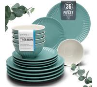 Service de vaisselle en grès pour 12 personnes HYGGE 36 pièces - Design scandinave élégant - Set de bols et assiettes - Service de table pour 12 en design strié - Pure Living vert