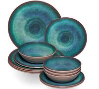 Service de vaisselle en mélamine Jesolo Vert pour 4 personnes - 12 pièces - Aspect grès - Passe au lave-vaisselle - Vaisselle de camping - Accessoires de camping - Vaisselle pour camping-car - Camping