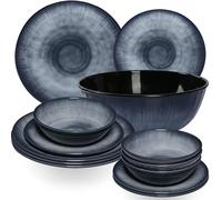 Service de vaisselle Jesolo en mélamine gris pour 4 personnes - 13 pièces avec saladier - Aspect grès - Passe au lave-vaisselle - Vaisselle de camping, accessoires de camping, vaisselle pour caravane