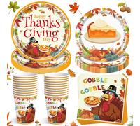 Service de Vaisselle Jetable Thanksgiving - 20 Assiettes Plateaux Dessert, 20 Petites Assiettes, 20 Verres et 20 Serviettes - Motifs Dinde et Tarte à la Citrouille - Fête d'Action de Grâce