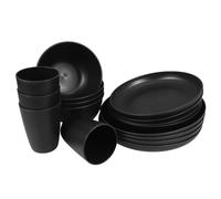 Service de Vaisselle Noire en Plastique PP Réutilisable pour Camping | Assiettes et Bols pour Quatre Personnes, Surface Lisse, Nettoyage Facile, Usage la Cuisine, Camping-car, Pique-niques