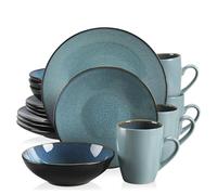 Service de vaisselle Service de table vintage en céramique bleu/marron avec assiettes plates et à dessert, bols tasses café(Green-16-Piece)