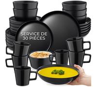 Service de vaisselle - TECTAKE - Service combiné UNA en grès composé de 30 pièces - Noir