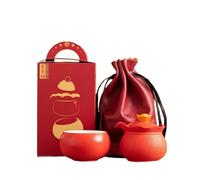 Service Machine À Thé Portable En Cuir, 1 Pot, 3 Tasses, Sac Main De Voyage Plein Air, Cadeau Créatif, Porcelaine Rouge, Kit Rétro Services A Thé Portables(Type-A)