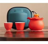 Service Machine À Thé Portable En Cuir, 1 Pot, 3 Tasses, Sac Main De Voyage Plein Air, Cadeau Créatif, Porcelaine Rouge, Kit Rétro Services A Thé Portables(Type-D)