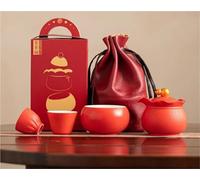 Service Machine À Thé Portable En Cuir, 1 Pot, 3 Tasses, Sac Main De Voyage Plein Air, Cadeau Créatif, Porcelaine Rouge, Kit Rétro Services A Thé Portables(Type-G)