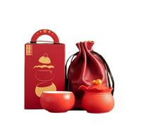 Service Machine À Thé Portable En Cuir, 1 Pot, 3 Tasses, Sac Main De Voyage Plein Air, Cadeau Créatif, Porcelaine Rouge, Kit Rétro Services A Thé Portables(Type-B)