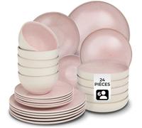 Service - TECTAKE - Set de vaisselle MARE 24 pièces en faïence émaillée 6 personnes fait main compatible lave-vaisselle - Rose