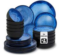 tectake® Service de table 24 pièces pour 6 personnes, Petites et Grandes Assiettes, Assiette creuse, Bols, Service vaisselle en faience, Vaisselle et Arts de la table, Set assiette et Bol, Bleu