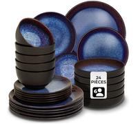 Service - TECTAKE - Set de vaisselle MARE 24 pièces en faïence émaillée 6 personnes fait main compatible lave-vaisselle - Bleu/Brun