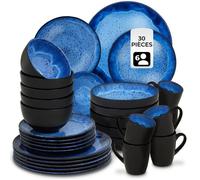 tectake® Service de table pour 6 personnes, 30 pcs, Petites et Grandes Assiettes, Assiette creuse, Bols, Tasses, Service vaisselle en faience, Vaisselle et Arts de la table, Set assiette et Bol, Bleu