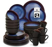 Service - TECTAKE - Set de vaisselle MARE 30 pièces en faïence émaillée 6 personnes fait main compatible lave-vaisselle - Bleu/Brun