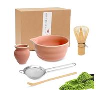 Service traditionnel de cérémonie du thé matcha 4 pièces avec fouet en bambou, bol en céramique et support (rose)