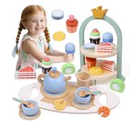 Services à Thé en Bois pour Enfants, Jeu de Rôle Tea Party avec Accessoires Dînette, Jouet Éducatif Montessori pour Filles et Garçons de 3 4 5 6 Ans Cadeau Anniversaire Noël
