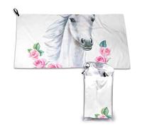 Serviette à séchage rapide motif cheval blanc et fleurs roses, serviettes en microfibre pour adultes, 40,6 x 58,4 cm