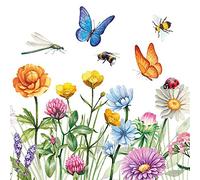 Serviette Blumen Lot de 20 serviettes de table prairie fleurie animée pleine d'animaux, papillons, libellules, abeilles, fleurs, prairie - Printemps et été - Décoration de table 33 x 33 cm