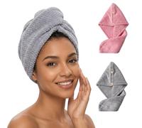 Carehabi Serviette Cheveux Microfibre Lot de 2 Double épaisseur, Serviette Turbine Cheveux Ultra absorbante à 2 Boutons | Turbans pour Cheveux & Serviette lyophilisée, Gris & Rose