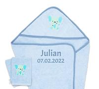 Serviette de Bain à Capuche Personnalisée avec Nom et Date de Naissance - Oeko Tex, Serviette de Bain à Capuche 80x80cm + Gants de Bain en 100% Coton, Cape de Bain Cadeau de Naissance Garçon Fille