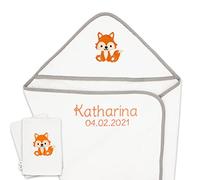 Serviette de Bain à Capuche Personnalisée avec Nom et Date de Naissance - Oeko Tex, Serviette de Bain à Capuche 80x80cm + Gants de Bain en 100% Coton, Cape de Bain Cadeau de Naissance Garçon Fille