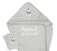 Serviette de Bain à Capuche Personnalisée avec Nom et Date de Naissance - Oeko Tex, Serviette de Bain à Capuche 80x80cm + Gants de Bain en 100% Coton, Cape de Bain Cadeau de Naissance Garçon Fille