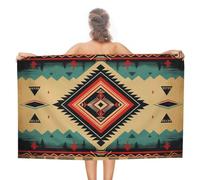 Serviette de bain absorbante en microfibre douce - Portrait d'un tapis indigène indien avec géométrie colorée, serviette de plage, serviette de piscine, résistante au sable, serviette de voyage