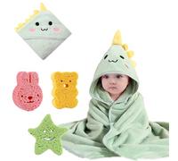 Serviette de Bain Bébé avec 3 Éponges de Bain, Cape de bain avec Capuche 80x80 cm, Gant de Toilette à capuche Bebe Fille/Garcon, Sorties de Bain Bébé Doux pour Nouveau-né de 0-3 Ans (Dinosaure Vert)