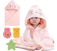 Serviette de Bain Bébé avec 3 Éponges de Bain, Cape de bain avec Capuche 80x80 cm, Gant de Toilette à capuche Bebe Fille/Garcon, Sorties de Bain Bébé Doux pour Nouveau-né de 0-3 Ans (Chat Rose)