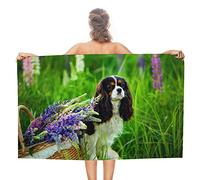 Serviette de Bain Cavalier King Charles Spaniel Chien Lupin Fleurs Serviette de Plage, Serviettes de Piscine Super absorbantes 130 x 80 cm pour la Natation Douche Sports