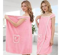 Serviette de bain pour femme, serviette de douche réglable en polaire corail avec poche, séchage rapide, jupe de bain légère (rose clair)