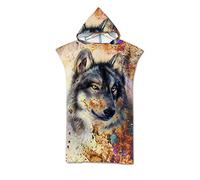Serviette de Plage à Capuche Poncho, DOTBUY Microfibre Surf Poncho Serviette de Bain avec Imprimé de Loup 3D, Adulte Plage Natation Sport Serviette Peignoir (75x110cm,Loup Rouille)