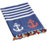 Serviette De Plage Avec Pompons Colorés,Paréo Plage En Coton,Serviette De Yoga Et Hammam,Serviette Super Absorbante Et Séchage Rapide,Écologique,90x170 Cm,Ancres Bleus