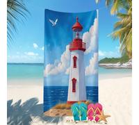 Serviette de Plage en Microfibre Anti Sable 80x160cm Phare De La CôTe Romantique Séchage Rapide Absorbante Serviette de Piscine Bleu Léger Portable, Couverture de Plage pour Voyage Natation