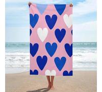 Serviette de plage en microfibre anti-sable avec cœurs blancs et bleus sur fond rose, grande serviette de douche multi-usages absorbante pour salle de bain et piscine, 130 x 80 cm