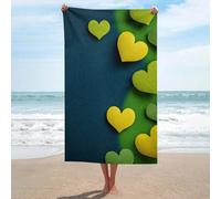 Serviette de plage en microfibre anti-sable avec cœurs jaunes sur fond vert et bleu foncé - Grande serviette de douche multi-usages absorbante pour salle de bain et piscine - 130 x 80 cm