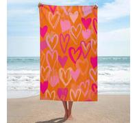 Serviette de plage en microfibre anti-sable avec cœurs roses peints à la main sur orange - Grande serviette de douche multi-usages absorbante pour salle de bain et piscine - 130 x 80 cm