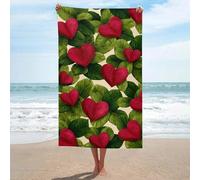 Serviette de plage en microfibre anti-sable avec cœurs rouges et feuilles vertes - Grande serviette de douche multi-usages absorbante pour salle de bain et piscine - 130 x 80 cm