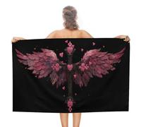 Serviette de plage en microfibre anti-sable avec motif croix noire avec ailes roses et cœurs - Grande serviette de douche multi-usages absorbante pour salle de bain et piscine - 130 x 80 cm