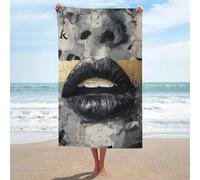 Serviette de plage en microfibre anti-sable avec motif de lèvres abstraites - Portrait doré à rayures horizontales - Grande serviette de douche multi-usages absorbante pour salle de bain et piscine