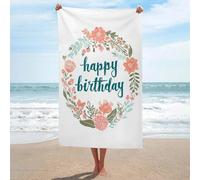 Serviette de plage en microfibre anti-sable avec motif feuilles mignonnes avec mots « Happy Birthday » - Grande serviette de douche multi-usages absorbante pour salle de bain et piscine - 130 x 80 cm