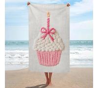 Serviette de plage en microfibre anti-sable avec nœud brodé cupcake d'anniversaire avec bougie rose - Grande serviette de douche multi-usages absorbante pour salle de bain et piscine - 130 x 80 cm