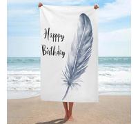 Serviette de plage en microfibre anti-sable avec plumes grises avec mots « Happy Birthday » - Grande serviette de douche multi-usages absorbante pour salle de bain et piscine - 130 x 80 cm