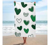 Serviette de plage en microfibre anti-sable dessinée à la main avec cœurs verts gribouillis simple pour salle de bain piscine 130 x 80 cm