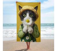 Serviette de plage en microfibre anti-sable, motif chat tenant des marguerites, multi-usages et absorbantes pour salle de bain et piscine, 130 x 80 cm