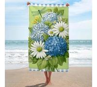 Serviette de plage en microfibre anti-sable, motif hortensias bleus, marguerites blanches, libellule, grande serviette de douche multi-usages absorbante pour salle de bain et piscine, 130 x 80 cm