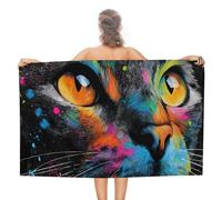 Serviette de plage en microfibre anti-sable - Portrait de chat abstrait - Portrait de chat - Couleur néon - Grande serviette de douche multi-usages et absorbante pour salle de bain et piscine - 130 x