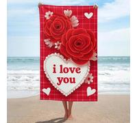 Serviette de plage en microfibre anti-sable pour la Saint-Valentin avec roses rouges et cœurs - Grande serviette de douche multi-usages absorbante pour salle de bain et piscine - 130 x 80 cm