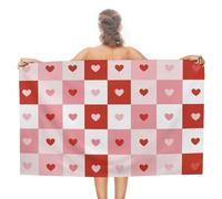Serviette de plage en microfibre anti-sable pour la Saint-Valentin, motif damier, carrés, cœurs roses, grande serviette de douche, multi-usages et absorbantes pour salle de bain, piscine, 130 x 80 cm